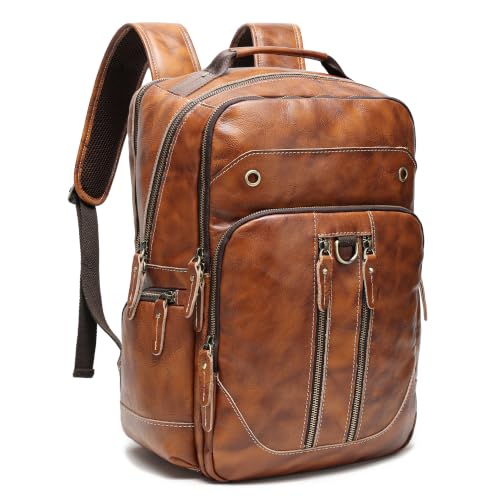Full Grain Leather 16" Laptop Business Travel Backpack for Men, Orange - color: Orange