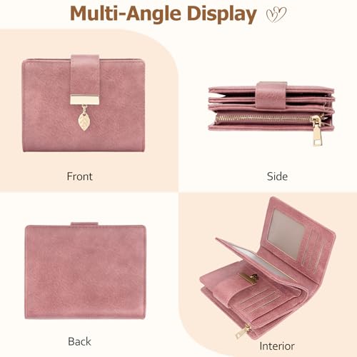 HUANLANG Small Wallets Women RFID Blocking Ladies Wallet with Zipper | Women’s Wallet Credit Card Holder, Leather, ID Window, Zipper Coin Pocket, Bifold,Perfect Gifts,Fits Small Purses,Travel,Pink - color: Pink
