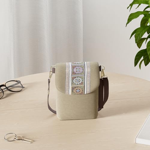 SILKAREA Vintage Embroidered Canvas Flip Small Crossbody Bag Cell Phone Pouch for Women Wristlet Wallet Bag Coin Purse - color: Army Green