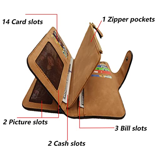 Womens Long Leather Wallet, RFID Blocking Leather Pocket Wallet Ladies Mini Purse with ID Window - color: Long-coffee