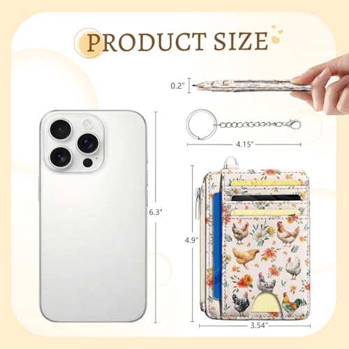 Kelvoris Credit Card Holder Small Wallet Women, Slim RFID, Chicken Rooster | Keychain, Zipper Coin Pocket, Front Pocket Thin Travel Card Case, Minimalist, 6 Card Slots, 1 ID Window, Ladies Gifts Woman - color: Chicken