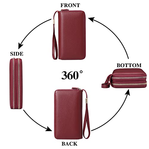 SENDEFN Leather Women Wallet RFID Blocking Zipper Around Phone Holder Clutch Wristlet Large Capacity - color: Cardinal Red