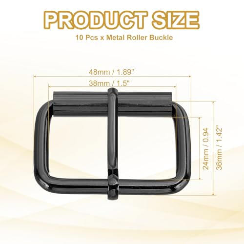 PATIKIL Metal Roller Buckle, 10Pcs 1.5 Inch (38mm) Belts Hardware Multi-Purpose Pin Buckles for Bags Leather Belt Strap DIY Crafts Dog Leash, Black