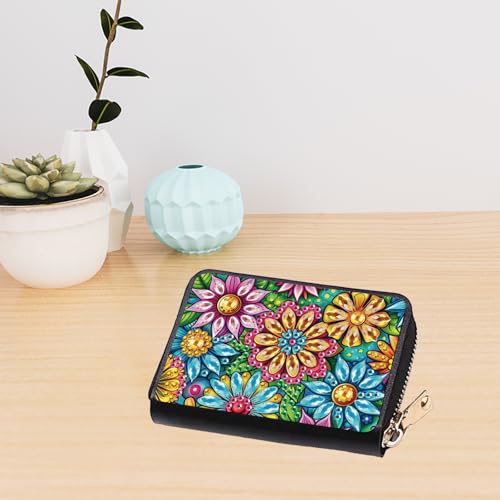 JZHYOAN Portable Diamond Art Zipper Business Small Wallet 11x8 cm DIY Flower Special Pattern Rhinestone Mosiac Card Holder Wallet Diamond Painting Credit Card Holder for Family Woman Adult