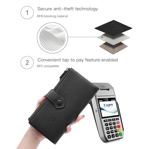 Women Soft Leather Wallets Slim Bifold RFID Blocking Ladies Credit Card Holder Double Zipper Pockets - color: B05 Black