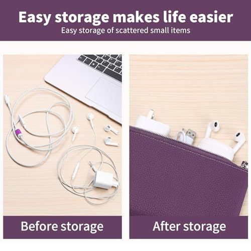 Genuine Leather Zipper Purse, Travel Makeup Bag With Zipper for Men Women Coin Bag Lipstick Cosmetic Accessories Organizer, Travel Kit Storage Pouch (Purple) - color: Purple