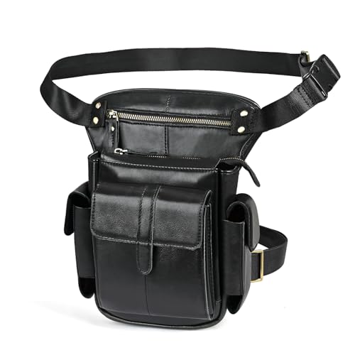 Water Resistant Canvas + Leather Motorcycle Travel Fanny Waist Pack Drop Thigh Leg Bag Pouch For Men Women FB913-5 - color: Black 2