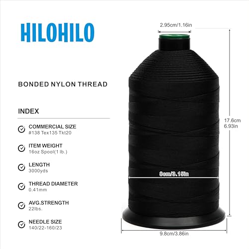 Extra Strong Bonded Nylon Thread #138 Tex135 – 16 OZ, 3000yds, Versatile Stitching Solution for Leather, Upholstery, Canvas Repair and More (Black) - color: Black, size: #138 Tex135 Tkt20