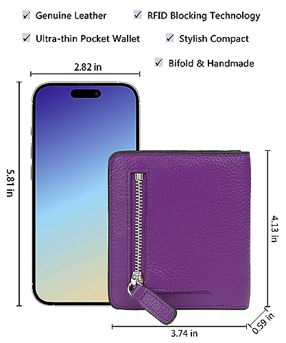 Small Leather Wallet for Women, Ladies Credit Card Holder RFID Blocking Women's Mini Bifold Pocket Purse - color: Dark Purple Rfid Blocking