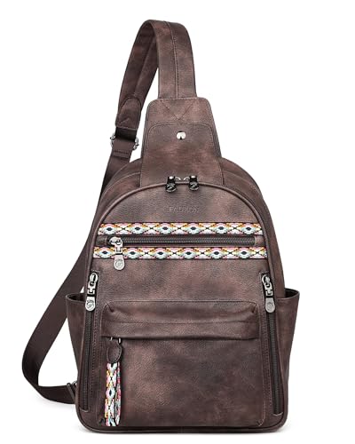 Large Sling Bag for Women, Designer 10L Leather Crossbody Purse | Anti Theft Sling Backpack, RFID Fanny Packs for Travel, Ideal for Vacation Walking Daily Errands - color: Coffee Brown Retro Style