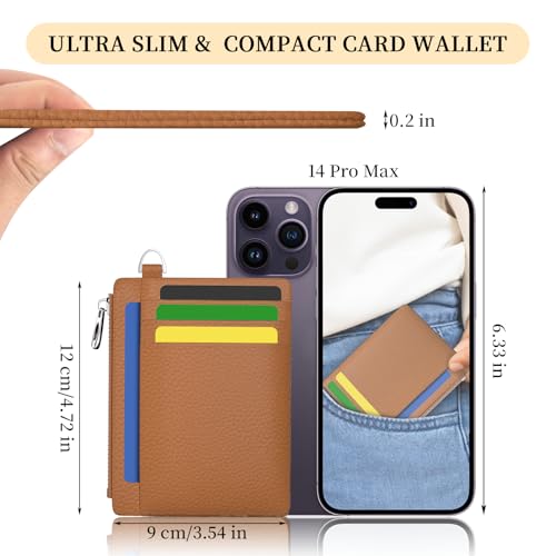 Hancynir Brown Minimalist Small Wallet Women Credit Card Holder RFID Slim | Zipper Pocket Wallet, Thin Travel Coin Purse, Ladies Women Mens Gifts, Cute Card Case, 6 Card Slots, ID Window, PU Leather - color: 01-Lichee Brown