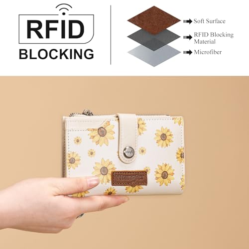 Wrangler Wallet for Women Bifold Card Holder with Zipper and ID Window - color: Daisy-Beige