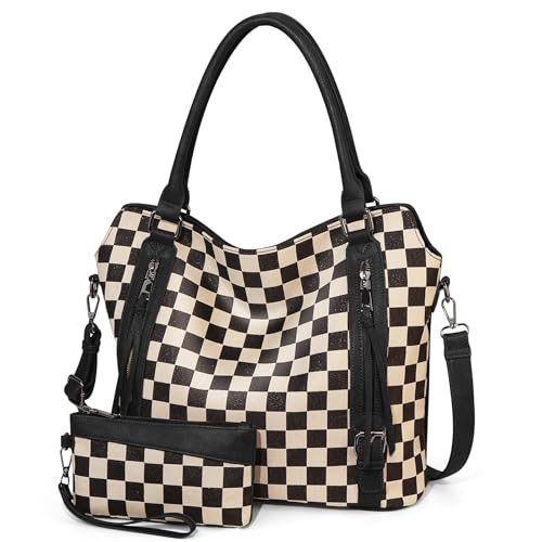Checkered Tote Bag Large Checkered Purses for Women Plaid Hobo Shoulder Bag Multiple Pockets Tote Handbags - color: A02-black