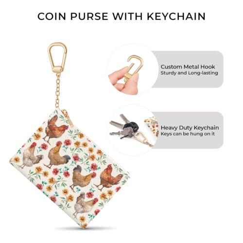 Chicken Rooster Keychain Coin Purse for Women, Small Change Pouch | Cute Floral Key Chain Purse, Mini Zipper Pocket, PU Leather, Travel Wallet for Girls, Coin Holder, Key Ring, Women Gifts - color: Chicken Rooster