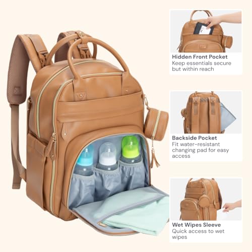 BabbleRoo Leather Diaper Bag Backpack - Baby Essentials Travel Baby Bag, Multi function, Water Resistant, with Changing Pad, Stroller Straps & Pacifier Case – Unisex, Light Brown - color: Vegan Leather Light Brown, size: Large