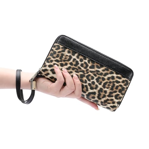 GOIACII Women's Wallet RFID Blocking Leather Wristlet | 2 Zip Around, Large Capacity, Credit Card Holder, Ladies Phone Clutch Purse - color: A18 Leopard Print Black