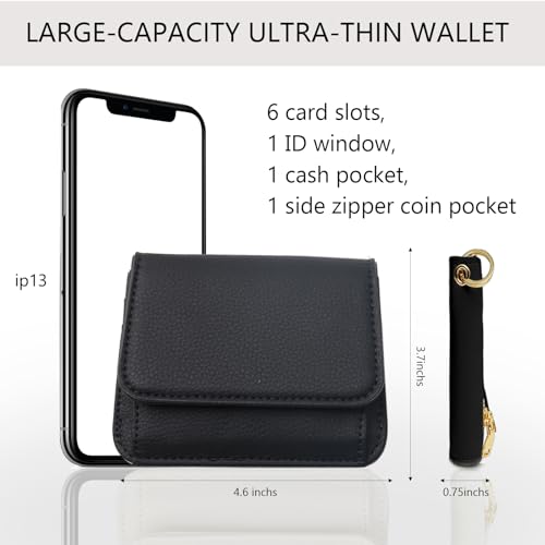 Keychain Wallet for Women,RFID Wristlet Wallet with Beaded Strap | Tri-Fold Design,6 Card Slots,ID Window,Zipper Coin Pocket,Lightweight Carry - color: Black