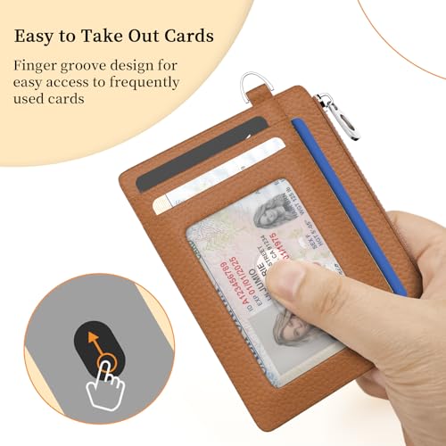 Hancynir Brown Minimalist Small Wallet Women Credit Card Holder RFID Slim | Zipper Pocket Wallet, Thin Travel Coin Purse, Ladies Women Mens Gifts, Cute Card Case, 6 Card Slots, ID Window, PU Leather - color: 01-Lichee Brown