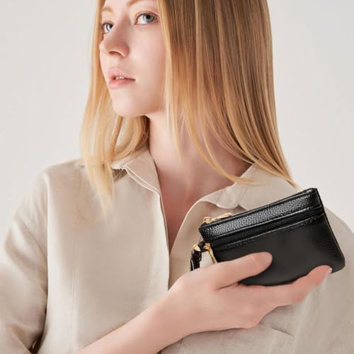 Slim Wristlet Keychain Wallet with Zipper PU Leather Double Layer Coin Pouch Holder Portable Wrist Strap Change Purse Leather Cash Organizer Case for Men Women Travel Credit Card(Black) - color: Black