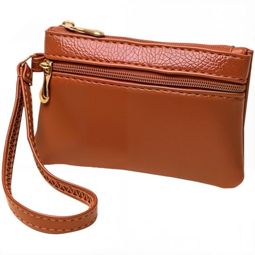 PU Leather Wristlet Coin Pouch Holder Slim Wrist Strap Change Purse Double Layer Keychain Wallet with Zipper Portable Leather Cash Organizer Case for Men Women Travel Credit Card(Brown) - color: Brown