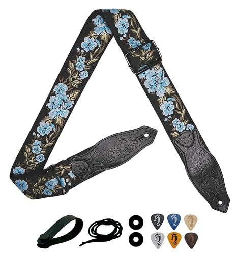 rockyou 2 Inch Woven Jacquard Embroidery Guitar Strap With 4 Picks Pocket Suede Genuine Leather End (Vintage Blue Rose) - color: Vintage Blue Rose