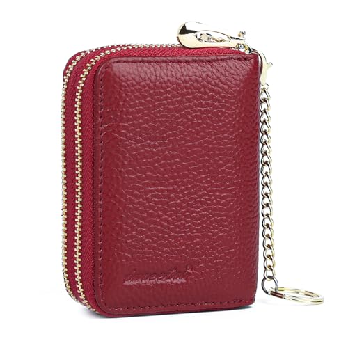 imeetu Rfid Credit Card Holder, Businese Card Case, Wallet for Women Men | Genuine Leather Card Wallet with id Window, Keychain & Double Zipper, Water-resistan Small Wallet with Gift Box, Daily Travel - color: Max - Red