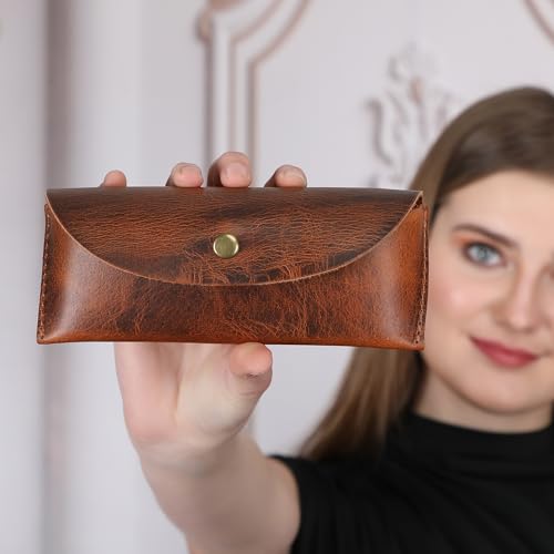 Leather Sunglasses Case Genuine Eyeglass Holder Reading Glasses Protector Vintage Eyewear Storage for Men and Women - color: Tan Leather Sunglass Case Holder