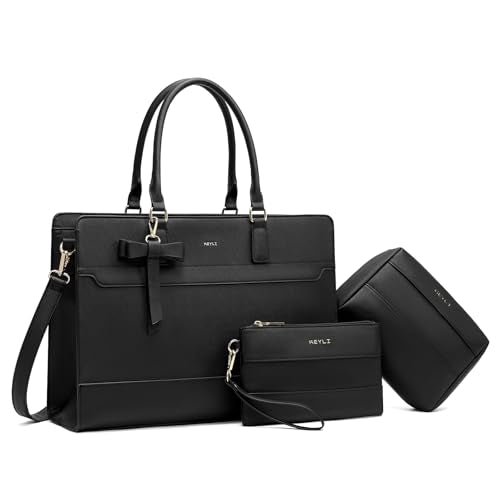Keyli 3pcs Laptop Bag for Women 15.6 Inch Leather Work Tote Bags Professional Business Office Computer Shoulder Briefcase - color: 3pcs-black
