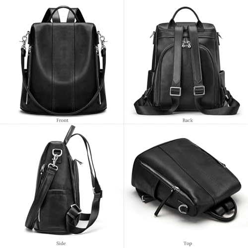 S-ZONE Leather Backpack Purses for Women Antitheft Rucksack Shoulder Bag Medium | Genuine Leather, Medium Fits 9.7-inch Tablet, for Work Travel Daily Commute, Multi Pockets, Adjustable Dual Straps - color: 2-black