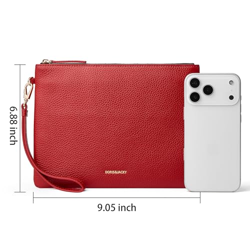 DORIS&JACKY Women Leather Clutch Purse and Phone Wallet with Wristlet Strap - color: Red