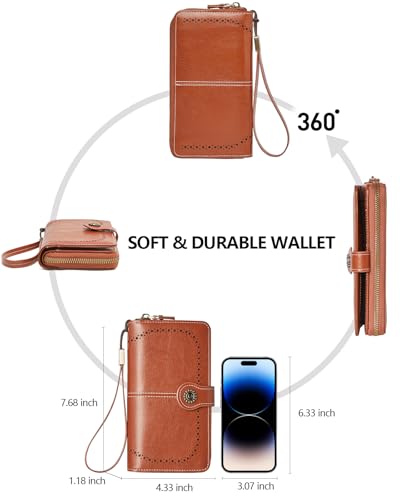 TFKGS Wallet for Women RFID Blocking Leather Large Capacity Card Holder Ladies Phone Clutch Travel Long Purse Wristlet | RFID Blocking - color: 2-Upgrade-Wax-Brown
