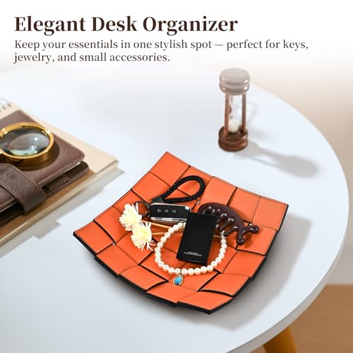 MSJGA Valet Tray PU Leather Key Holder Bowl for Women and Men Entryway Table Nightstand Desk Tray for Wallet, Keys Men's Gift - Orange & Black, 9.8" L x 9.8" W x 2" H - color: Orange + Black