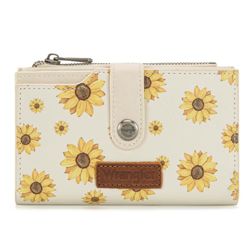 Wrangler Wallet for Women Bifold Card Holder with Zipper and ID Window - color: Daisy-Beige