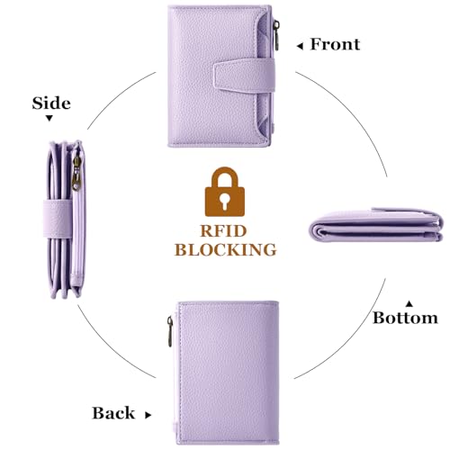 Small Wallet Women RFID Blocking Soft Leather Bifold Compact Card Holder Wallet for Women with Zipper Coin Pocket 4 ID Window - color: Light Purple