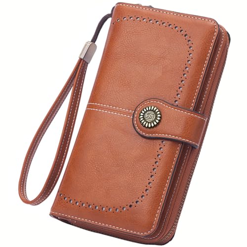 Women Leather Wallet Crossbody Shoulder Bag with Double Zipper and Mobile Phone Purse with Shoulder Strap - color: 665-brown