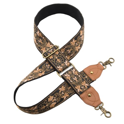 Purse Strap Replacement Crossbody Adjustable Bag Strap Retro Jacquard Embroidery Wide Shoulder Strap for Women Handbags - color: Double-layered Brown Flower