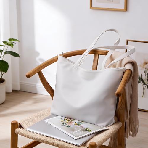 WLLWOO Soft Vegan Leather Tote Bag for Women Large Hobo Zipper Purse | Casual Shoulder Handbags Carryall for Work Daily Weekender Travel Commute - color: White