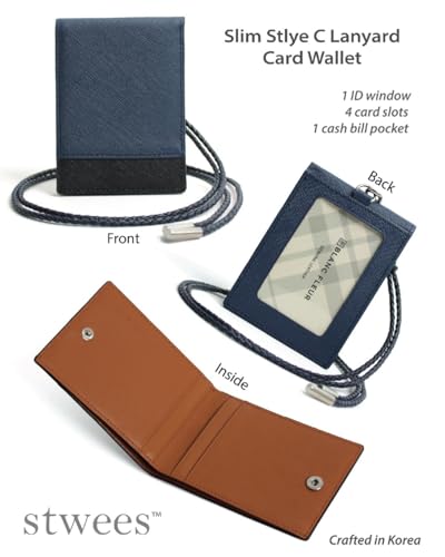 Slim Leather Lanyard Wallet, Folding Card Holder with Snap Button, ID Badge Neck Wallet Set (Two-Tone, Navy) - color: Navy, style: Two-tone