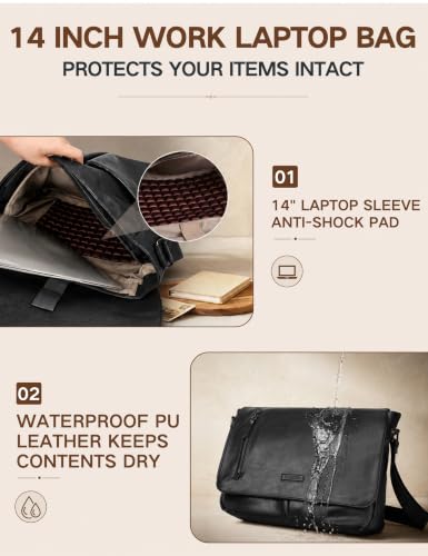 VX VONXURY Messenger Bag for Men, PU Leather Laptop Briefcase Bag for Work | Shoulder Bag for Office, Fits 14" Laptop, Vintage Satchel Bag with Padded Shoulder Strap, Padded Laptop Sleeve, Waterproof - color: 14 Inch Black-all Pu Leather