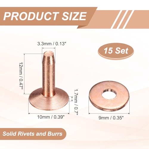 HARFINGTON 15Set Copper Rivets and Burrs Washers 10x3.3x12mm Dimpled Finish Solid Leather Rivet Fastener Studs Posts for Leather DIY Craft Belts Wallets Collars, Copper Tone - color: Copper Tone, size: 10x3.3x12mm