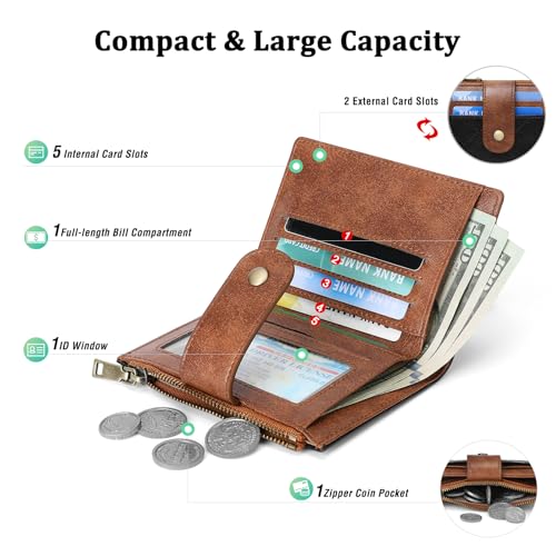 GAEKEAO Small Wallet for Women Leather RFID Blocking Card Holder Bifold Zipper Pocket Wallet with ID Window - color: Black-Brown