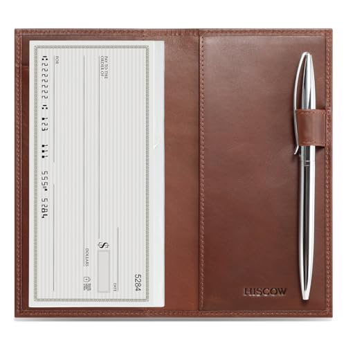 HISCOW Leather Checkbook Cover for Duplicate Checks with Pen Holder - color: Vintage Coffee