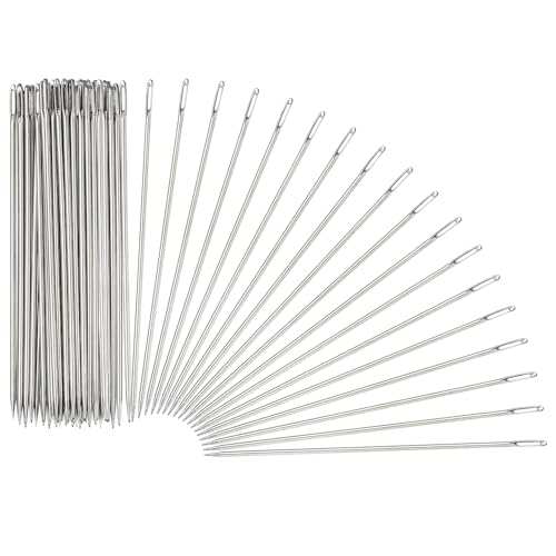 HARFINGTON 100 Pcs Sewing Needles 0.06 x 4 Inch Stainless Steel Big Eye Embroidery Thread Beading Leather Needle Upholstery Hand Sewing Awl for Art Craft Stitching Home Repair, Silver - size: 0.06 x 4 Inch