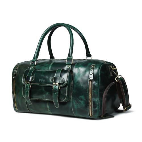 Genuine Full Grain Leather Carry On Travel Bag 21x11x10 with Trolley Straps, Shoe Compartment, Shoulder Strap by De Lira - Upland Green - color: Upland Green