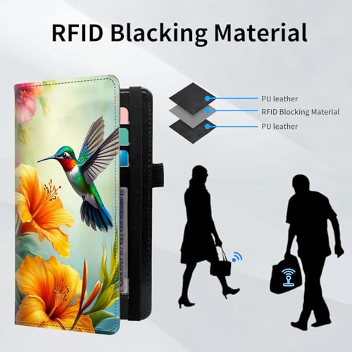 Checkbook Cover for Women and Men, RFID Blocking PU Leather Checkbook Holder Wallet Case with Elastic Strap & Multiple Card Slots, for Checks and Cards, Hummingbird Flowers - color: Hummingbird Flowers
