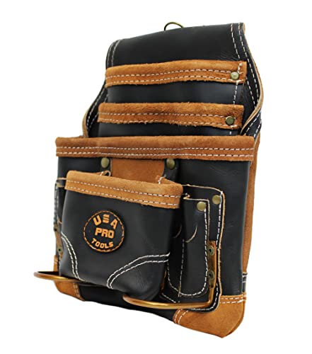 Leather Tool Pouch for Carpenter | Best for Electricians, Plumbers, Handyman and Framers | 10 Pockets with 2 Stainless Steel Hammer Holders - color: Black