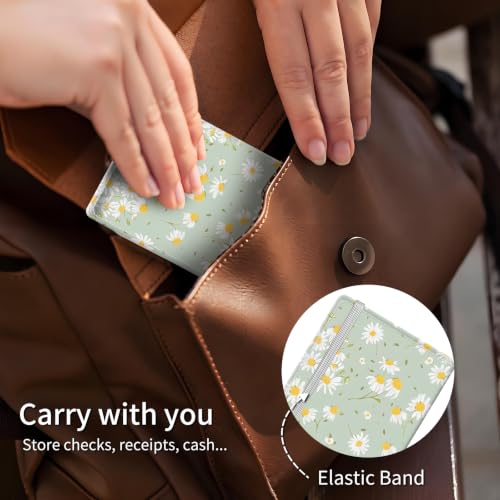 Checkbook Cover for Personal Checkbook, Cute Pu Leather Check Book for Women & Men, Slim Checkbook Holder with Pen Holder and Built-in Clear Plastic Divider, Green Daisy - color: Green Daisy