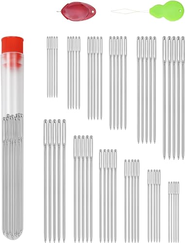 FIVEIZERO 60 PCS Large Eye Sewing Needles, 6 Sizes Sewing Sharp Needles, Leather Needle Embroidery Thread Needle, Stainless Steel Yarn Knitting Needles with Threaders for Handsewing Art Crafts