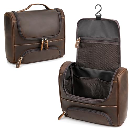 Fulll Grain Leather Toiletry Bag, Hanging Dopp Kit, YKK Zipper, Brown | Crazy Horse Waxed Cowhide, Wet-Dry Mesh Pockets, Metal Hook, 10.6" Wide Opening, TSA Carry On, Dust Bag,
