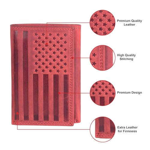 ASAD Leather Slim Everyday Trifold Wallet with ID Window and Multiple Card Slots | Genuine Leather Double Stitched RFID Blocking Stylish | Gift for Him | Bordo Crazy Horse American Flag Design - color: Bordo Crazy Horse American Flag Design